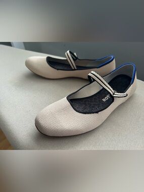 Rothy's Cream Knit Mary Jane Flats with Blue Trim
